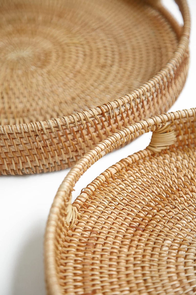 HITOMEN 14.2" Hand-Woven Round Rattan Serving Tray Decorative Ottoman Wicker Platter with Handles for Coffee Table, Breakfast, Drinks, Snack, Bread, Fruit, Vegetables (Natural-L) - Image 5